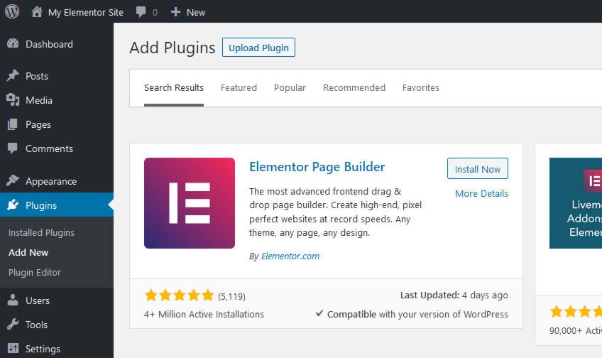 WordPress Add Plugins Screen - Elementor Page Builder