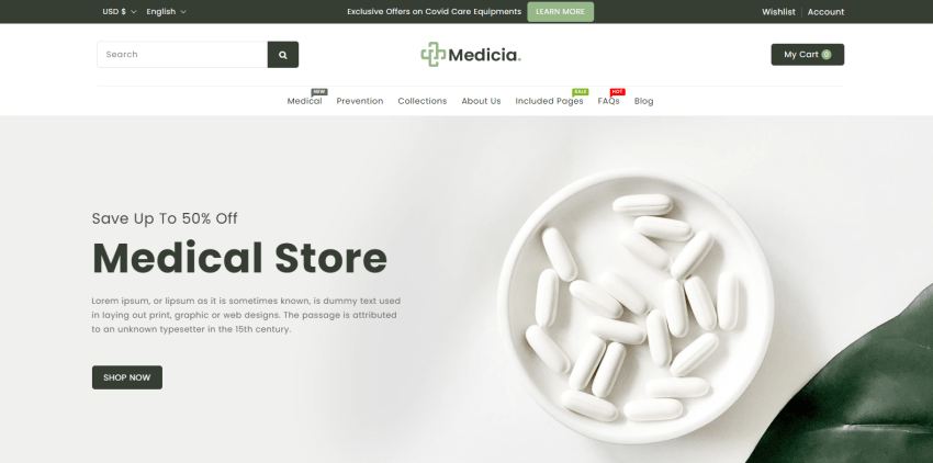 Medicia is a Shopify theme for drug stores