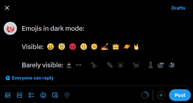 Visible versus almost invisible emojis in dark mode on Twitter