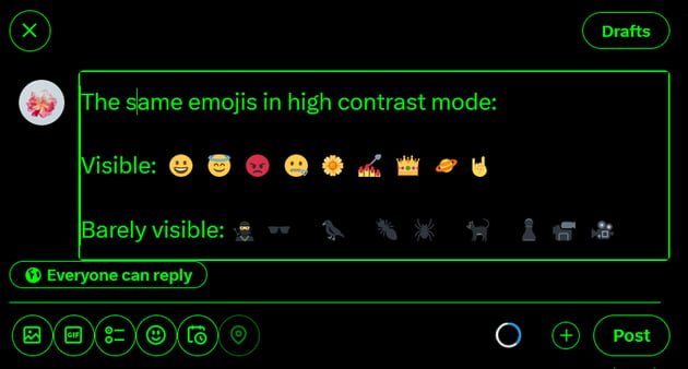 Visible versus almost invisible emojis in high contrast mode on Twitter