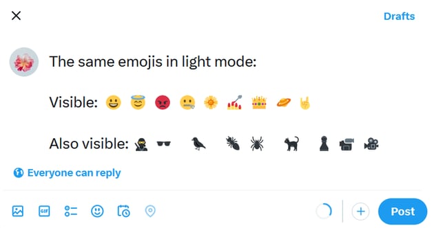 Visible versus also visible emojis in light mode on Twiter